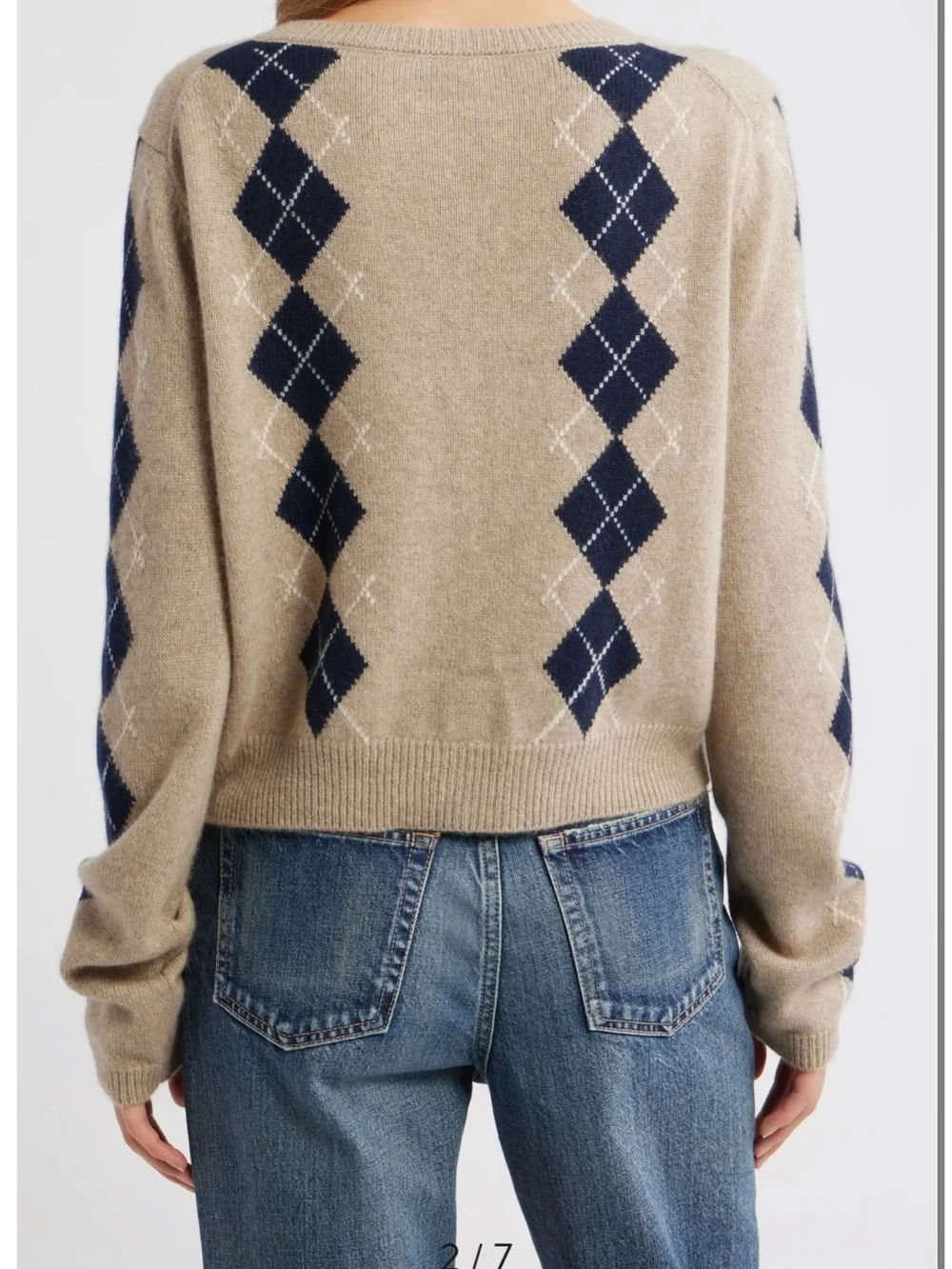 Reformation Women’s Clara Cashmere Cardigan with beige and Navy Diamonds - Picture 4 of 10